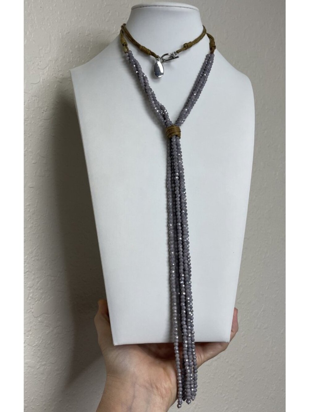 Jamie Rocks NYC Pale Purple Glass Beaded Tassel Statement Y Necklace